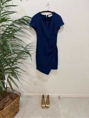 Bisou Bisou Navy Faux-Wrap Short Sleeve Midi Dress